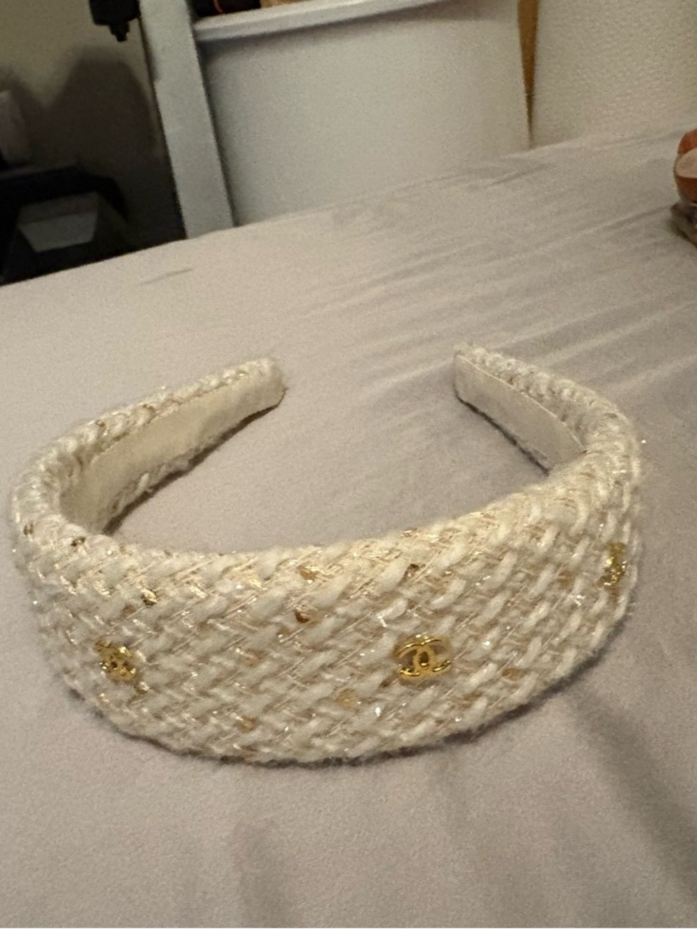 Charm Cream Tweed Headband with Gold Accents